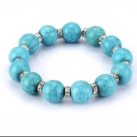 Pretty faux turquoise beaded bracelet with CZ, round shape - Picture 1 of 9